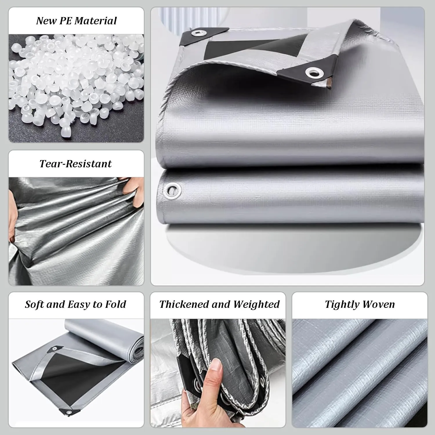 6x10Ft Tarps 16 MIL Poly Canopy Shelter Cover Tarp Reinforced Edges Waterproof UV Resistant, Tear and Color Fade Resistant, for Home, Boats, Cars, Camp, Outdoor Pool Silver Black
