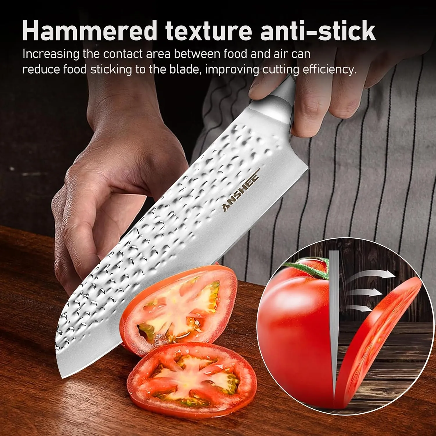 7 Inch Japanese Santoku Knife - Hammered Finish High-Carbon Stainless Steel Precision Cold Forged Chef Knife with Wood Handle, Multipurpose Kitchen Knife for Slicing Meat, Vegetables, Fruits
