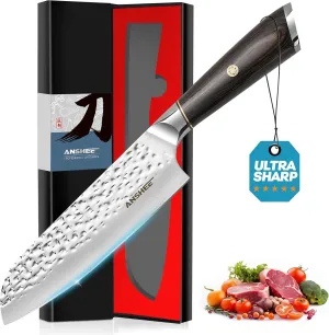 7 Inch Japanese Santoku Knife - Hammered Finish High-Carbon Stainless Steel Precision Cold Forged Chef Knife with Wood Handle, Multipurpose Kitchen Knife for Slicing Meat, Vegetables, Fruits