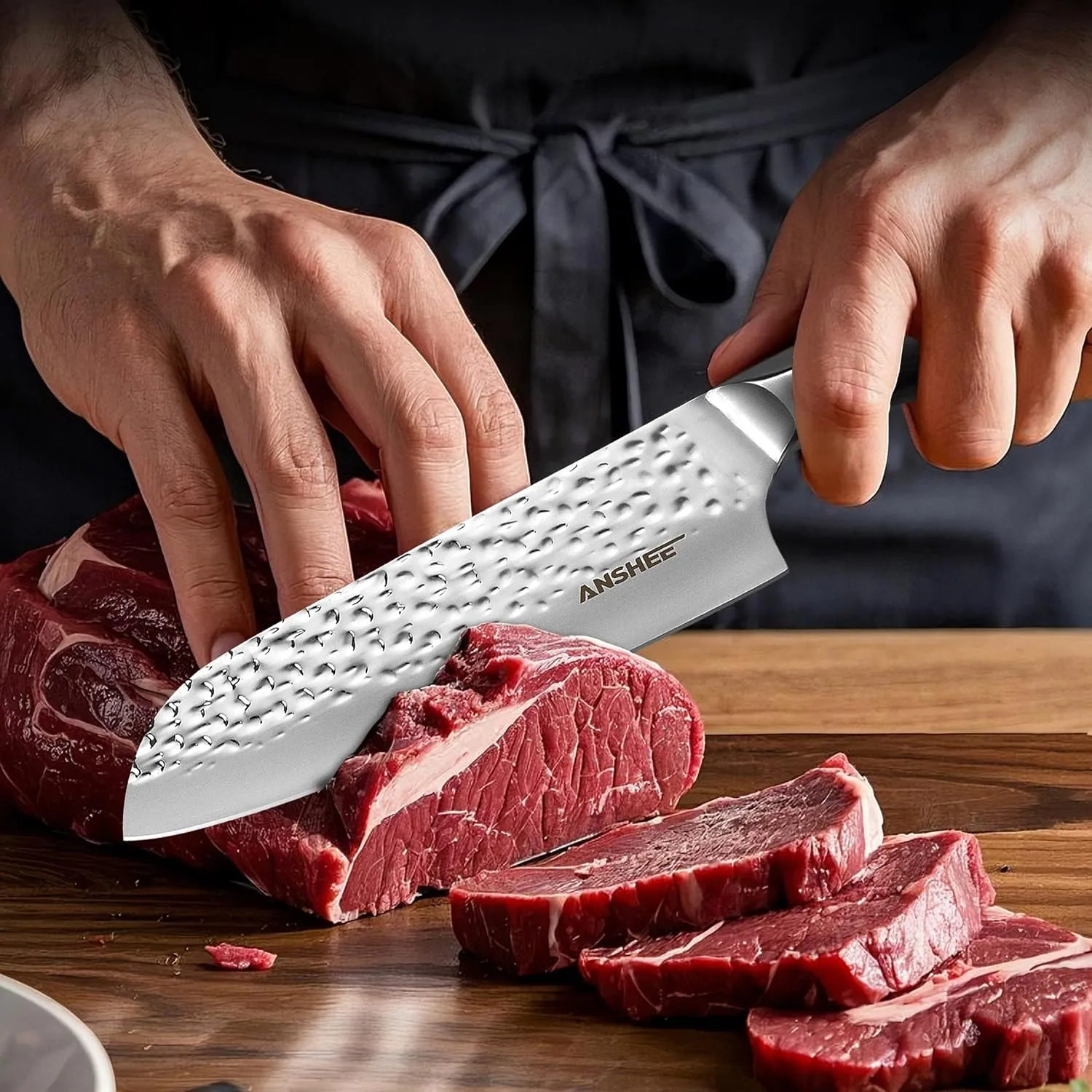 7 Inch Japanese Santoku Knife - Hammered Finish High-Carbon Stainless Steel Precision Cold Forged Chef Knife with Wood Handle, Multipurpose Kitchen Knife for Slicing Meat, Vegetables, Fruits