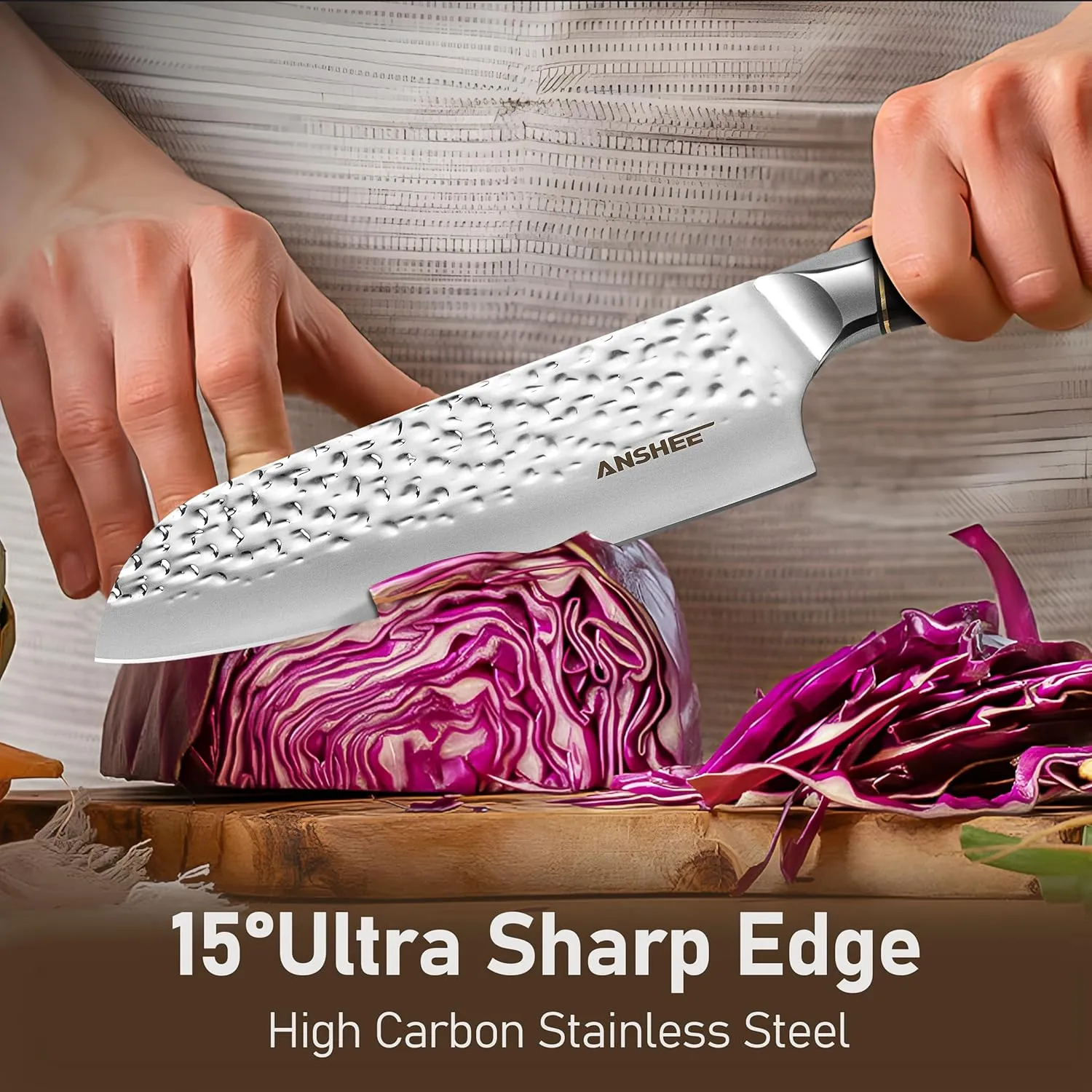 7 Inch Japanese Santoku Knife - Hammered Finish High-Carbon Stainless Steel Precision Cold Forged Chef Knife with Wood Handle, Multipurpose Kitchen Knife for Slicing Meat, Vegetables, Fruits