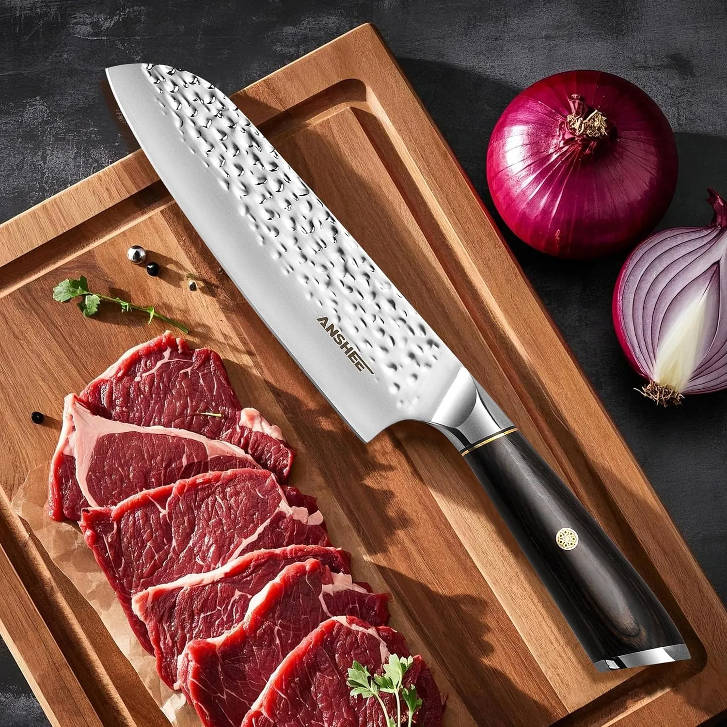 7 Inch Japanese Santoku Knife - Hammered Finish High-Carbon Stainless Steel Precision Cold Forged Chef Knife with Wood Handle, Multipurpose Kitchen Knife for Slicing Meat, Vegetables, Fruits