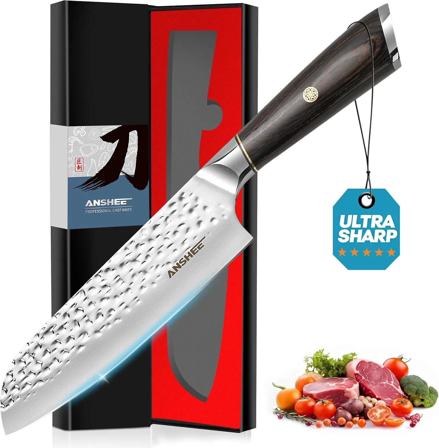 7 Inch Japanese Santoku Knife - Hammered Finish High-Carbon Stainless Steel Precision Cold Forged Chef Knife with Wood Handle, Multipurpose Kitchen Knife for Slicing Meat, Vegetables, Fruits