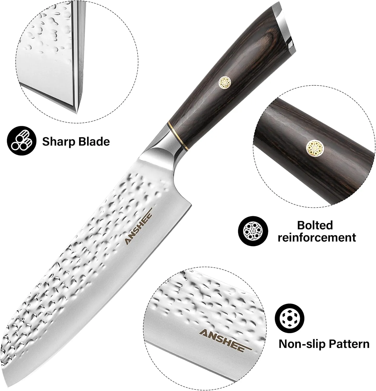 7 Inch Japanese Santoku Knife - Hammered Finish High-Carbon Stainless Steel Precision Cold Forged Chef Knife with Wood Handle, Multipurpose Kitchen Knife for Slicing Meat, Vegetables, Fruits
