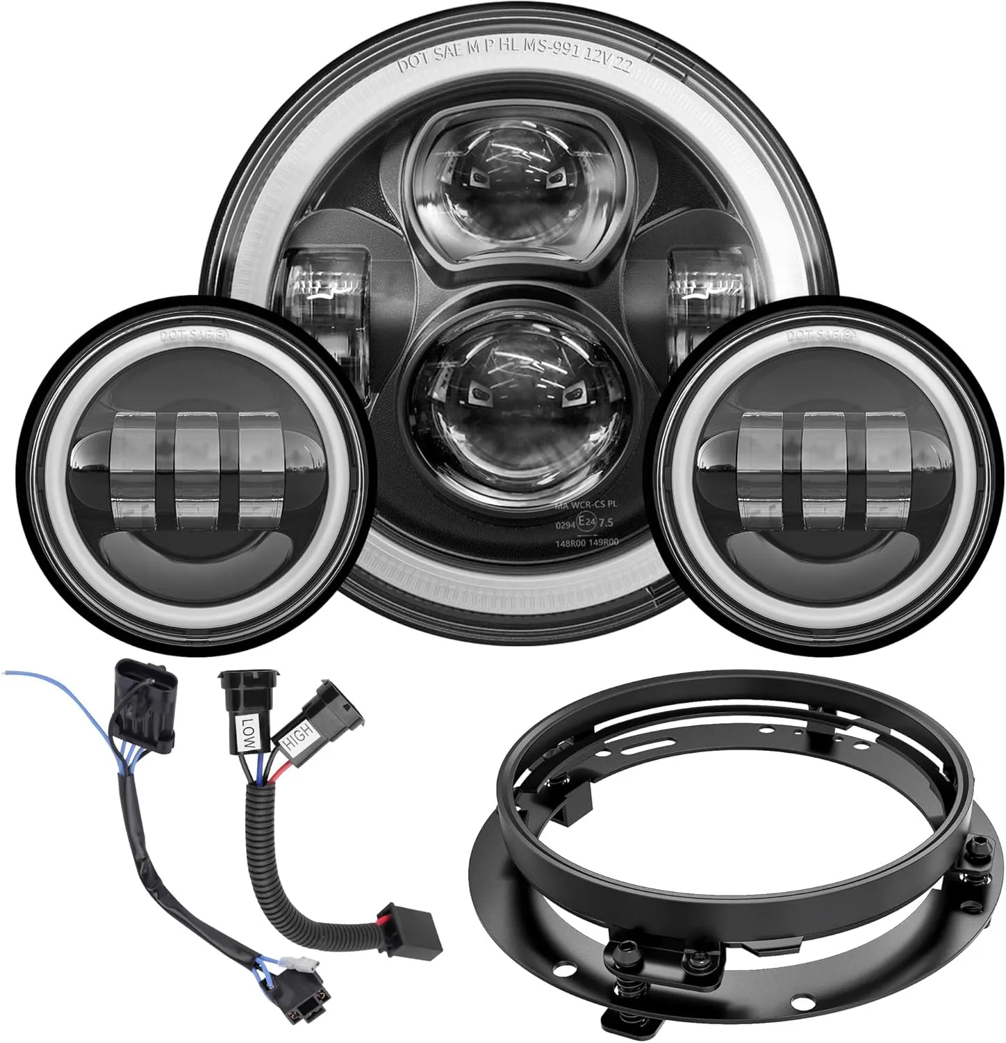 7 Inch Motorcycle LED Headlight 4.5" Fog Passing Lamps DOT Kit Compatible with Harley Davidson Street Glide Road King Electra Glide Fatboy Ultra Classic Heritage Softail Slim Deluxe