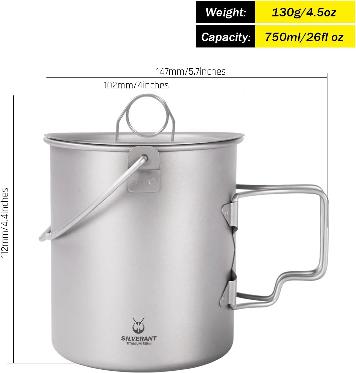 750ml Titanium Cup with Nail Lid Camping Pot Backpacking Mug with Foldable Handle for Outdoor Camping Hiking