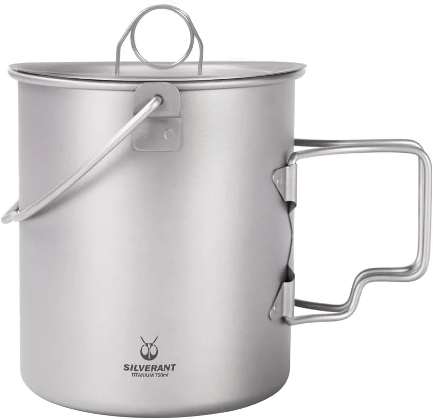 750ml Titanium Cup with Nail Lid Camping Pot Backpacking Mug with Foldable Handle for Outdoor Camping Hiking