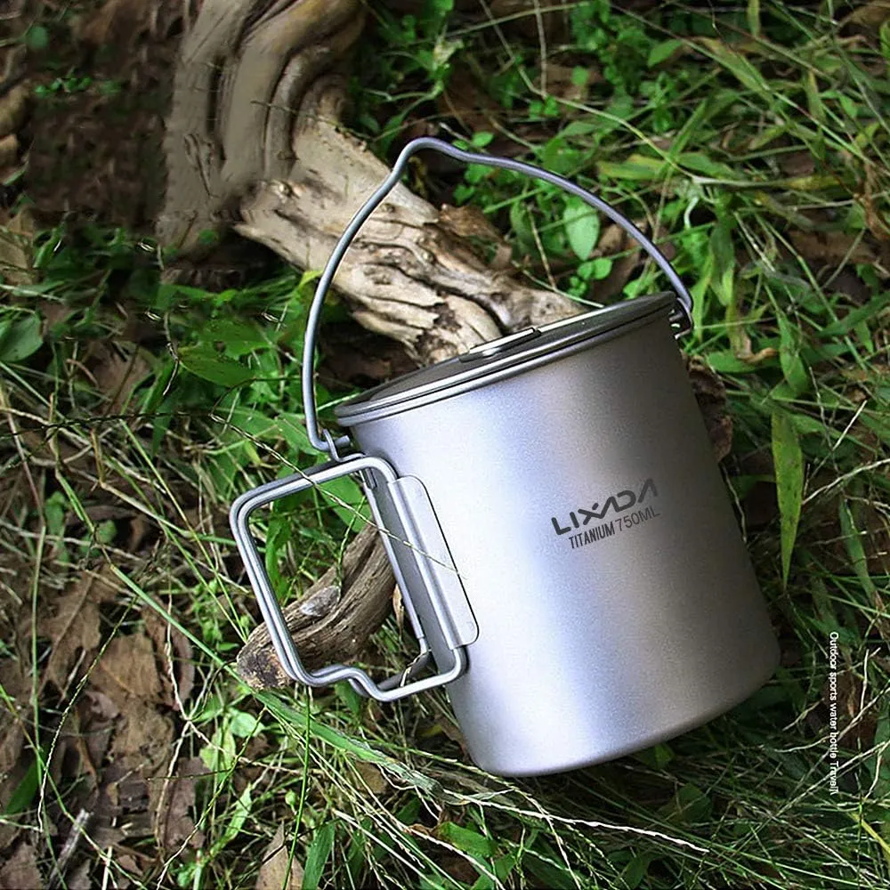 750ml/900ml/1100ml Ultralight Titanium Pot Water Mug Cup with Lid and Foldable Handle Outdoor Camping Cooking Picnic