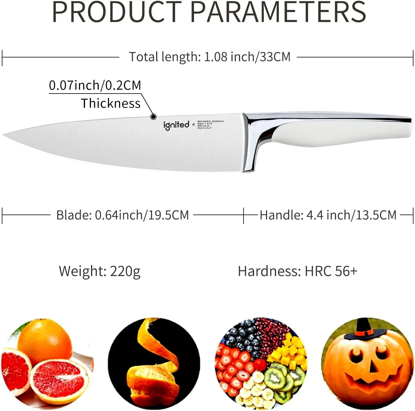 8 inch Mirror Polished Chef Knife, German 1.4116 High Carbon Stainless Steel Chefs Knife with White ABS & Stainless Steel Handle, Razor Sharp Kitchen Knife for Home & Restaurant