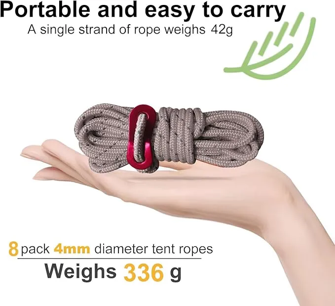 8 Pack High-Reflective Guy Lines 4mm Tent Cords High-Strength Lightweight Camp Ropes with Aluminum Adjuster Tensioner for Tent, Tying Down Tarps, Camping Tent, Outdoor Packaging (Khaki)