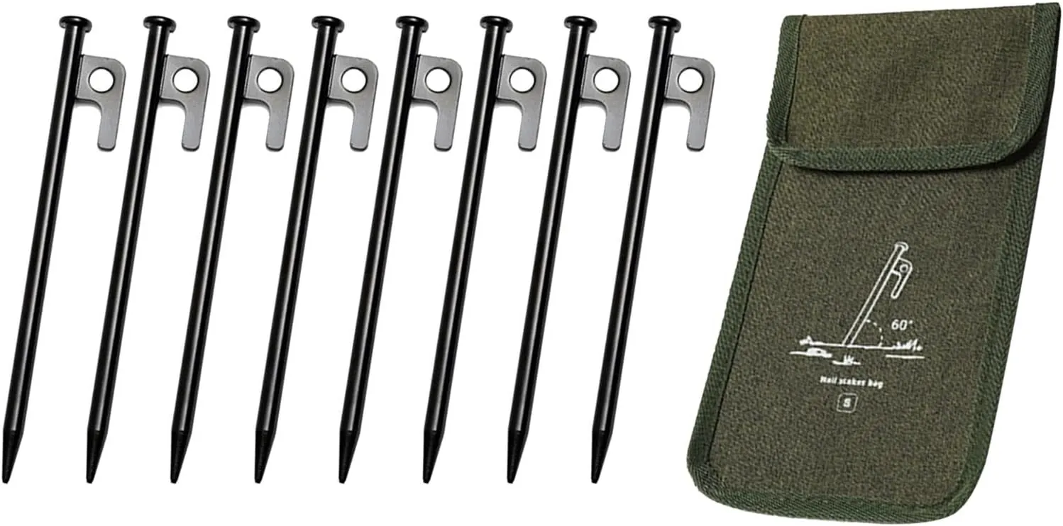 8Pcs Tent Stakes Tarp Pegs Steel with Carry Pouch Anchors Camping Tent Nails Ground Stakes for Hiking Backpacking Trip Desert