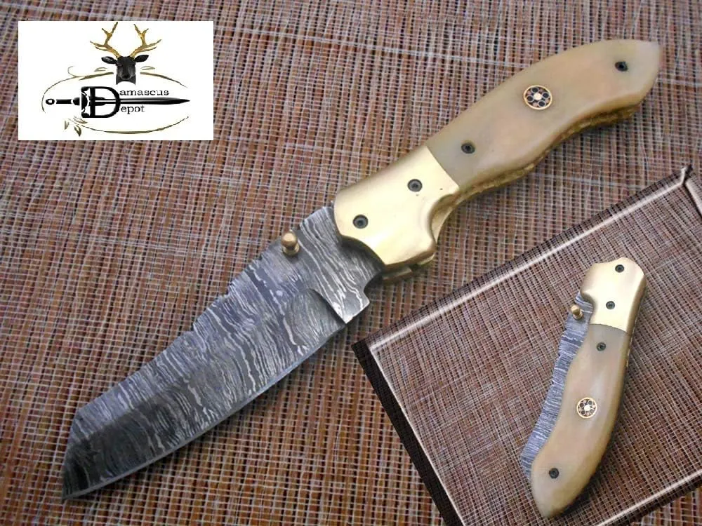 8" Tanto Blade Folding Knife, Natural Bull Horn and Camel bone scales, Hand Forged Twist Pattern Damascus Steel, Equipped with Thumb pin & Liner Lock, Cow Hide Leather Sheath Included (Camel bone)