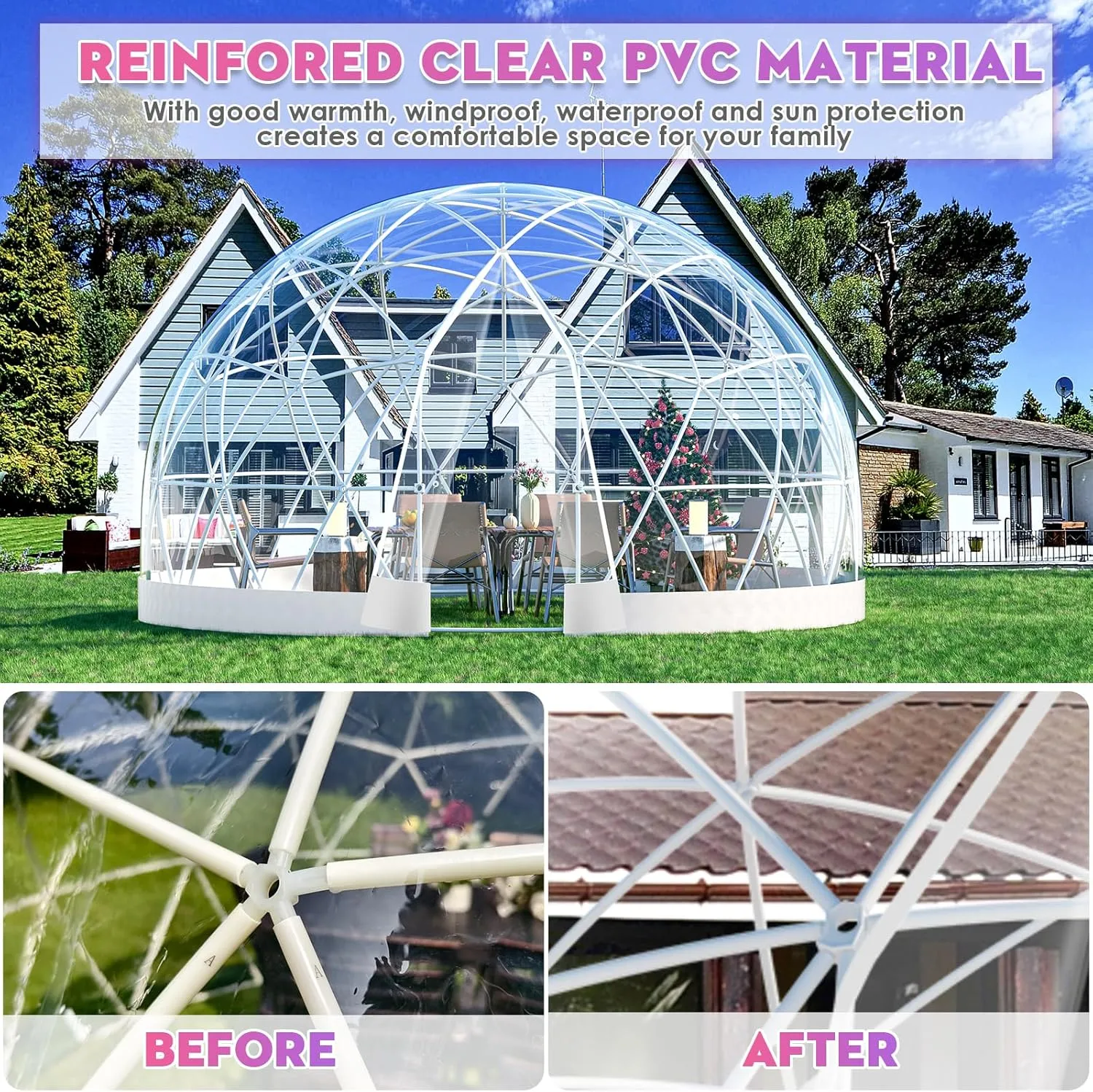 9.5 * 5.7FT Garden Dome Igloo Bubble House Camping Tent with Sunshade, Upgraded Weatherproof Geodesic Dome Greenhouse with Clear Cover for 2-4 Person, Garden Dome for Outdoor, Party, White