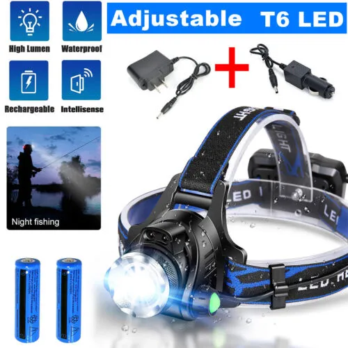 990000LM T6 LED Zoomable Headlamp 3-Modes Outdoor HeadLight Torch Charger Batt