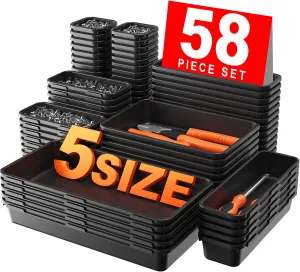A-LUGEI【𝟱𝟴𝗣𝗰𝘀】【5 Size】 Tool Box Organizer Tray Divider Set, 【Black】 Desk Drawer Organizer, Garage Organization and Storage Toolbox Accessories Rolling Tool Chest Cart Cabinet WorkBench Small Part