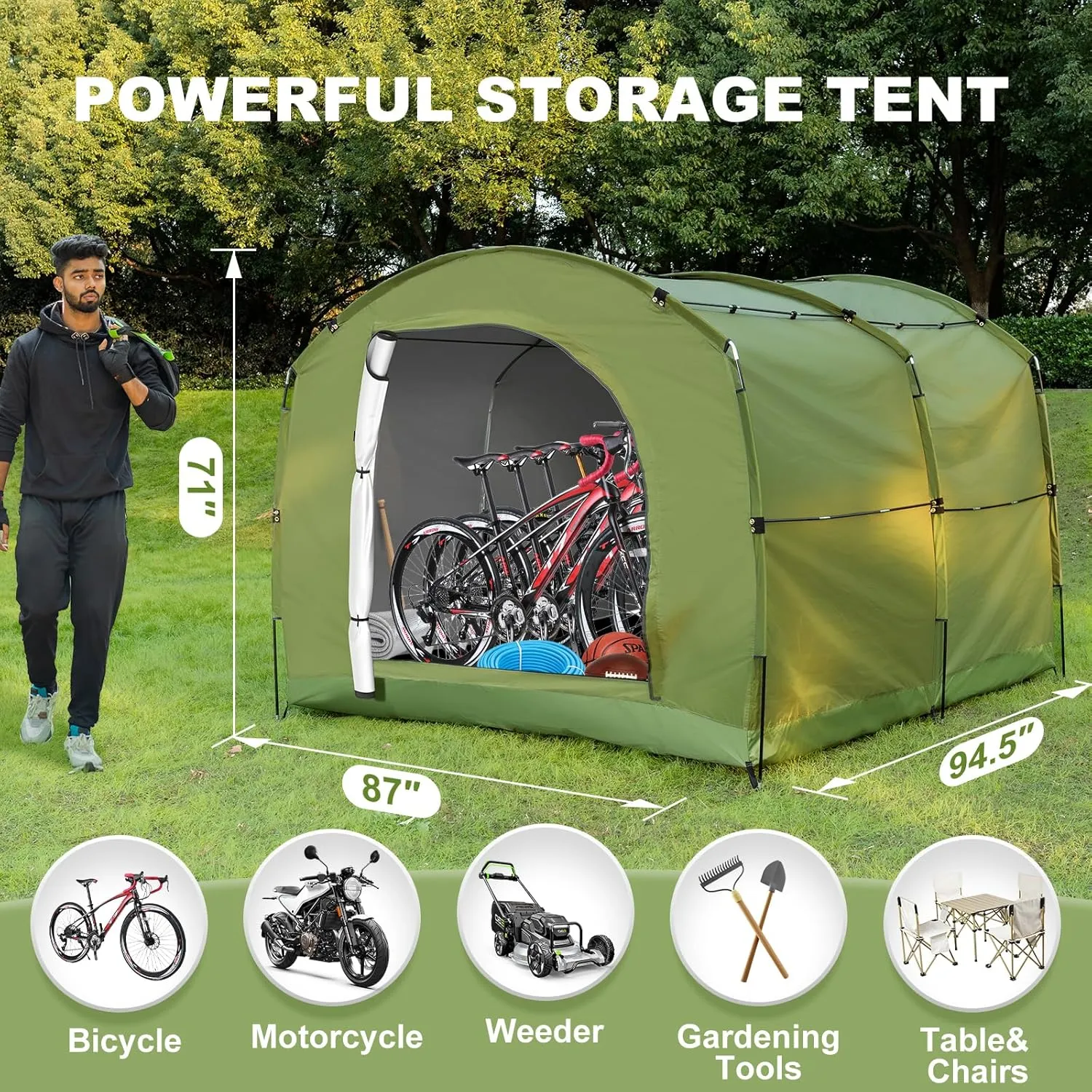 ABORON Outdoor Bike Storage Tent, Waterproof UV-Proof 230D Oxford Fabric (PU4000), Portable Backyard Shed, Ideal for Bikes, Motorcycles, Lawn Mower & Garden Tools (Grass-Green, for 4-6 Bikes)