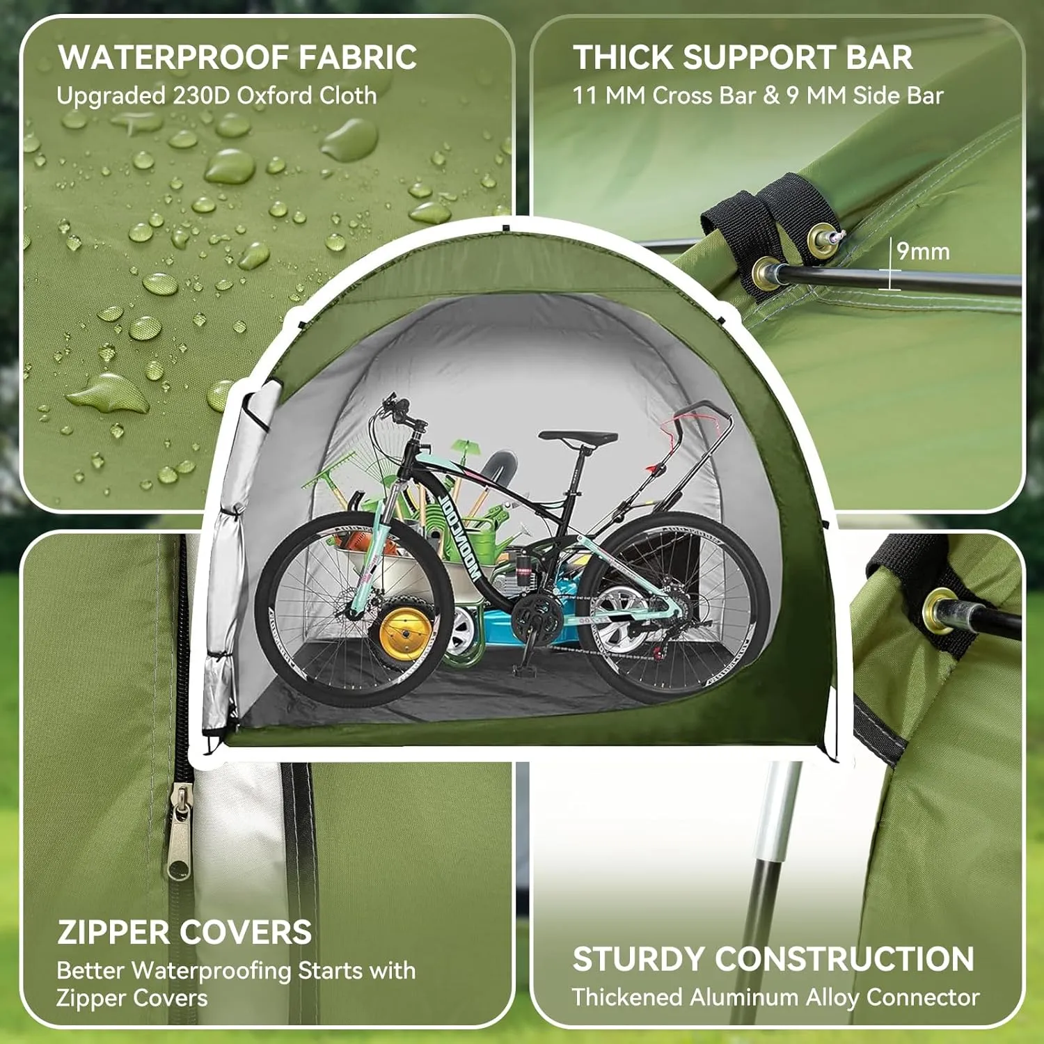 ABORON Outdoor Bike Storage Tent, Waterproof UV-Proof 230D Oxford Fabric (PU4000), Portable Backyard Shed, Ideal for Bikes, Motorcycles, Lawn Mower & Garden Tools (Grass-Green, for 4-6 Bikes)