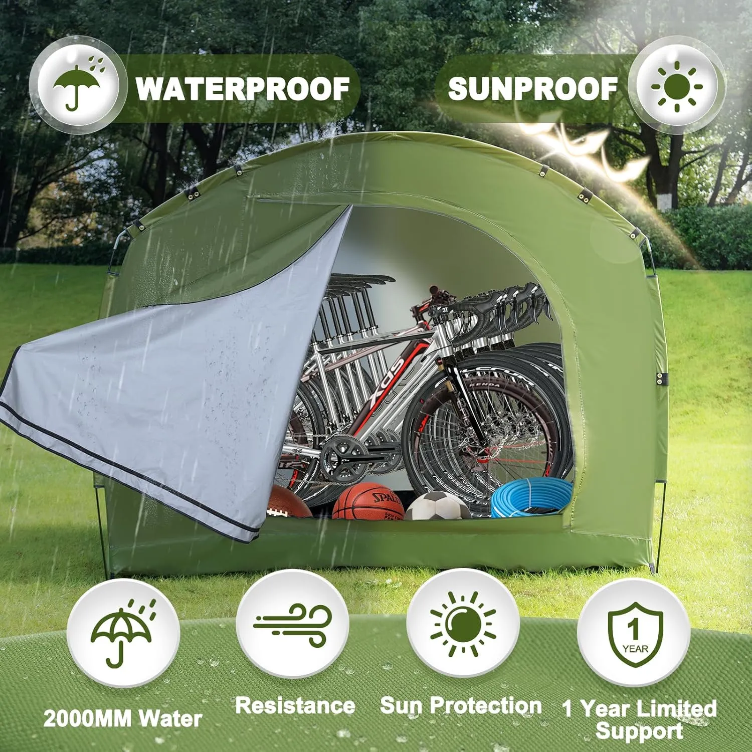 ABORON Outdoor Bike Storage Tent, Waterproof UV-Proof 230D Oxford Fabric (PU4000), Portable Backyard Shed, Ideal for Bikes, Motorcycles, Lawn Mower & Garden Tools (Grass-Green, for 4-6 Bikes)