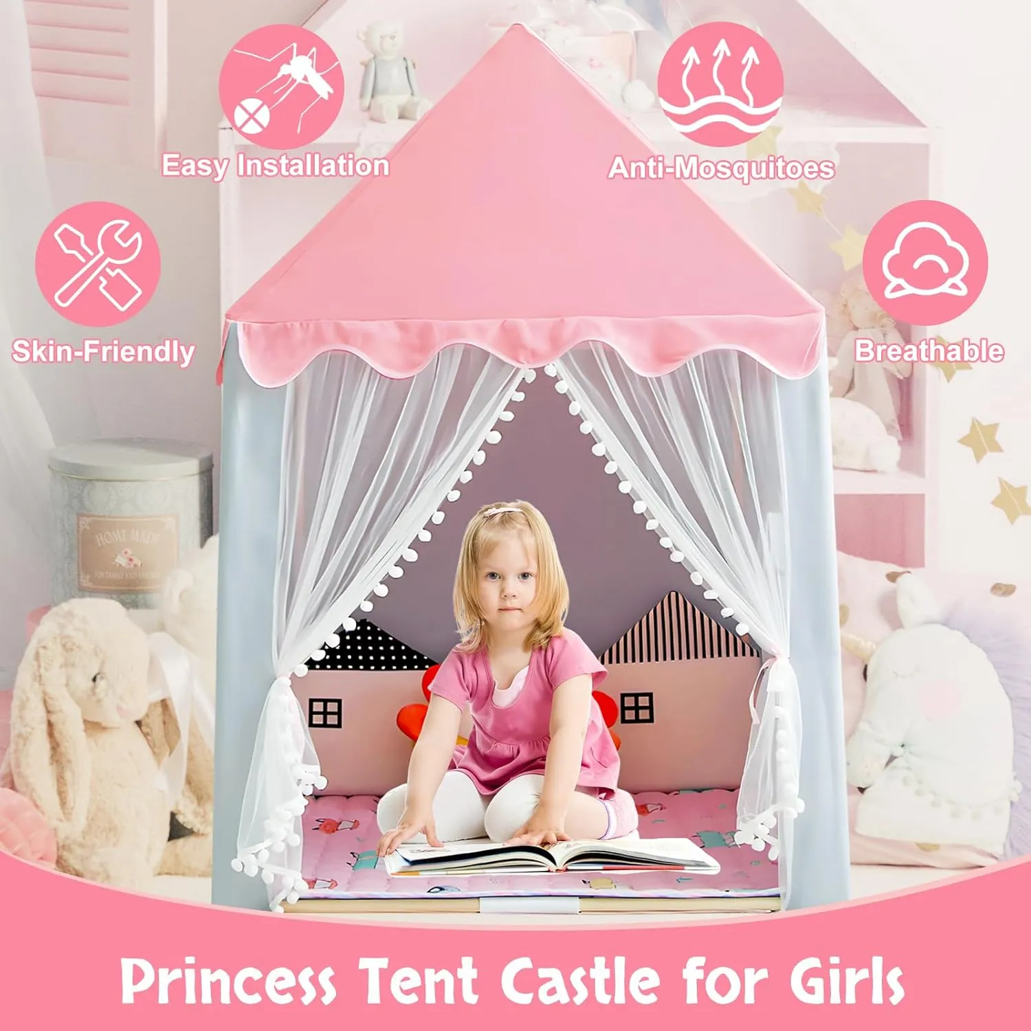 Adena Montessori Indoor Toy Kids Tent with Star Lights - Indoor Kids Tent for Bedroom or Playroom Playhouse Pink and Gray Play Tents for Toddlers