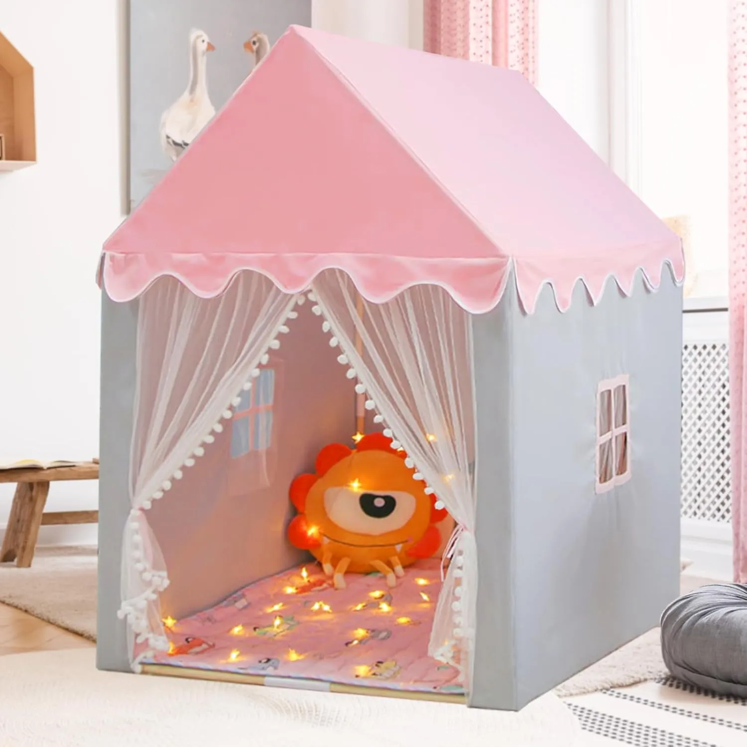 Adena Montessori Indoor Toy Kids Tent with Star Lights - Indoor Kids Tent for Bedroom or Playroom Playhouse Pink and Gray Play Tents for Toddlers