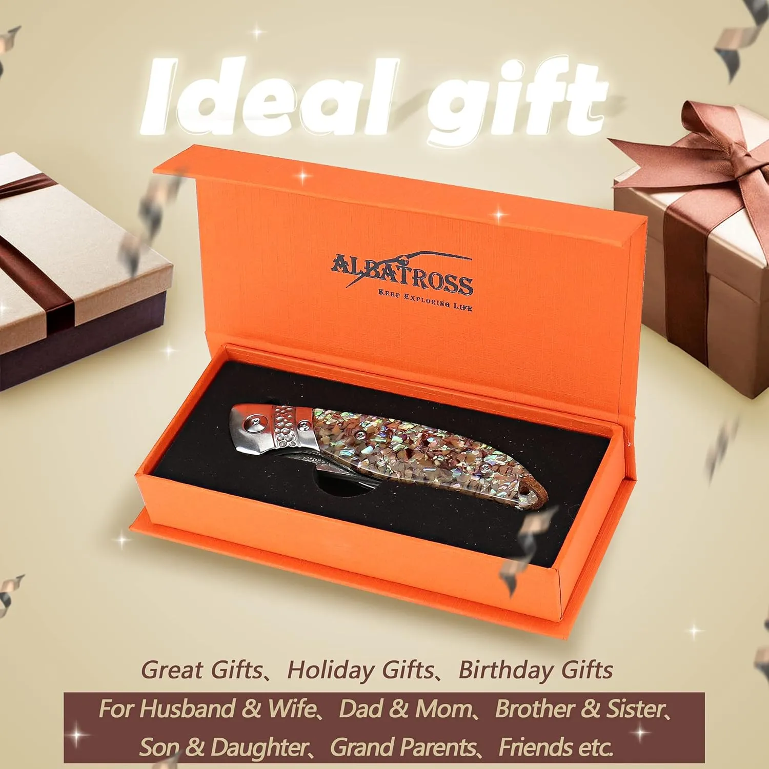 ALBATROSS Premium Damascus Pocket Knife - EDC Folding Knife with Abalone Shell Handle, Ball Bearing Opening, Liner Lock System - Everyday Carry for Outdoor, Hunting, Collection - HGDK028-AS