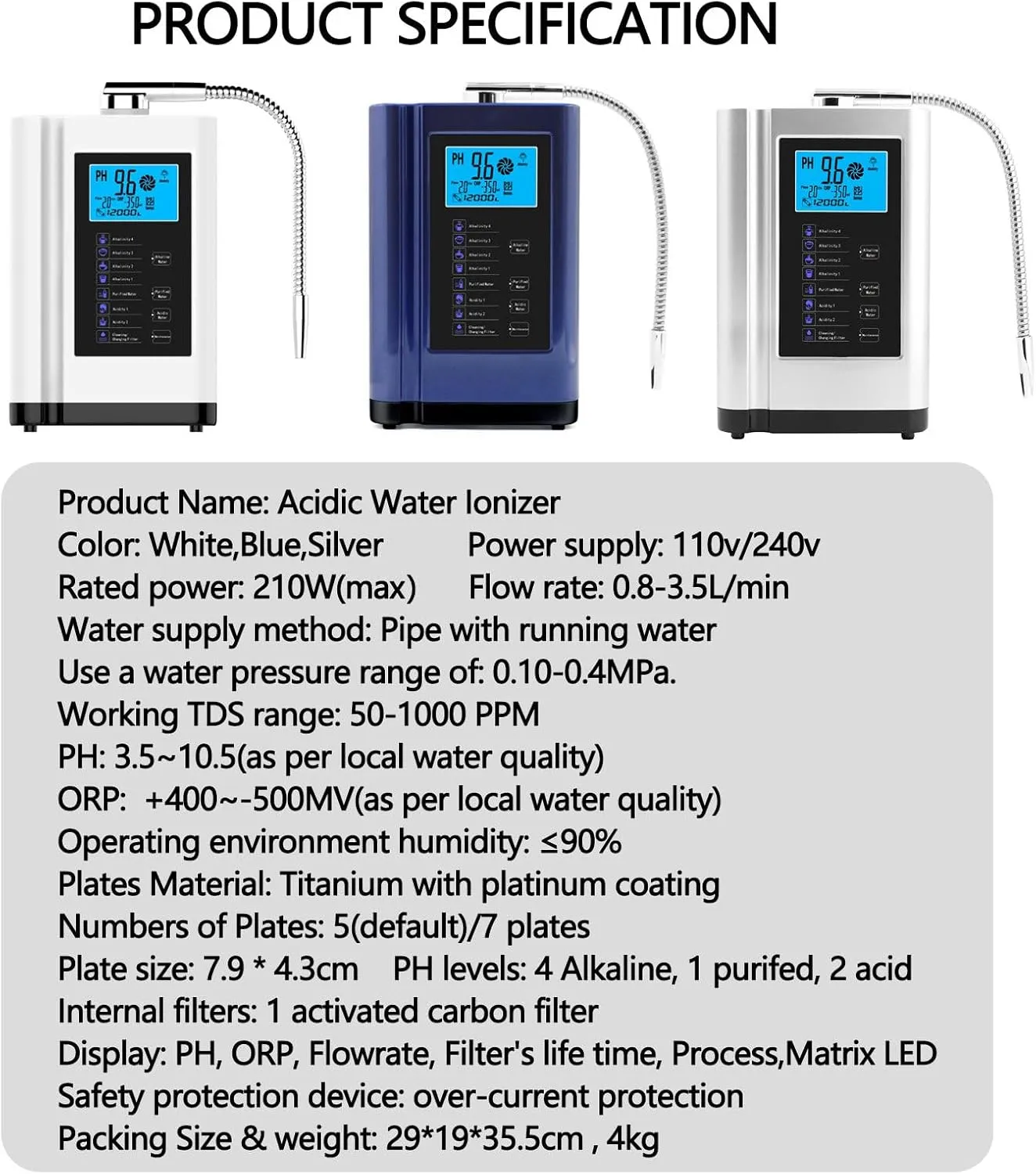 Alkaline Hydrogen-Rich Water Machine Alkaline Water Machine Smart Electrolyzed Ionized Water Machine PH 3.5-10.5 with LCD Touch Screen,Silver