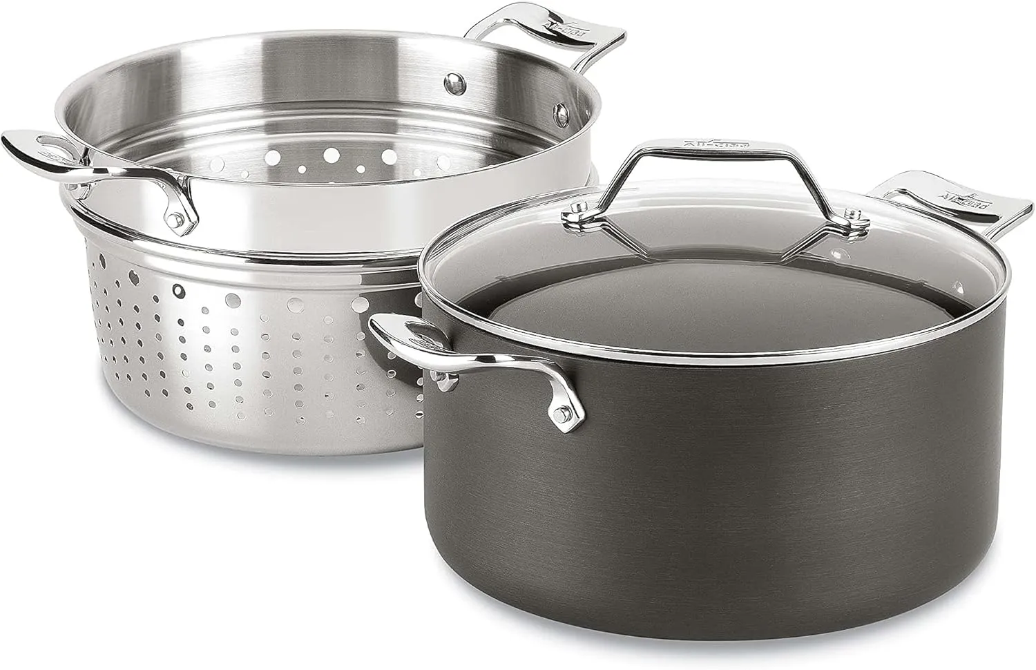 All-Clad Essentials Hard Anodized Nonstick Multi-Pot 7 Quart Oven Broiler Safe 500F Strainer, Pasta Strainer with Handle, Pots and Pans Black