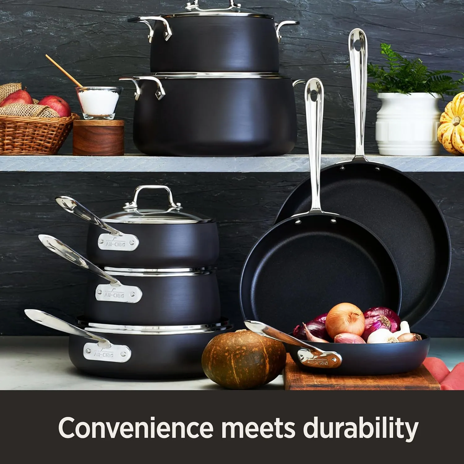 All-Clad HA1 Hard Anodized Nonstick Pots and Pans Set Non Stick Cookware Sets, Oven Broiler Safe 500F, Black