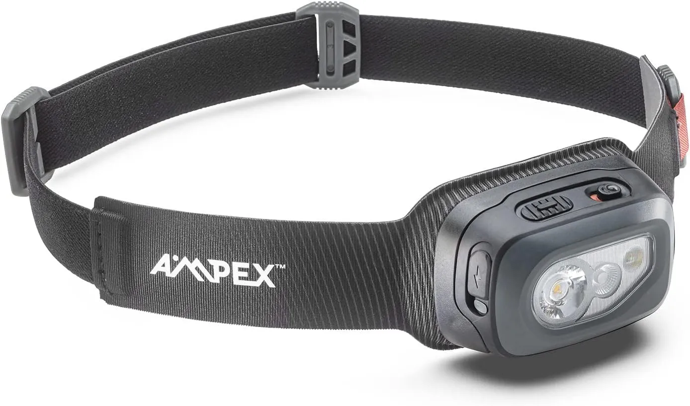 AMPEX Head Lamp - Comfortable, Waterproof Headlamp Rechargeable with Bright LED, 85h Runtime, Red Mode - Outdoor Use, Hiking, Backpacking - 300 Lumens