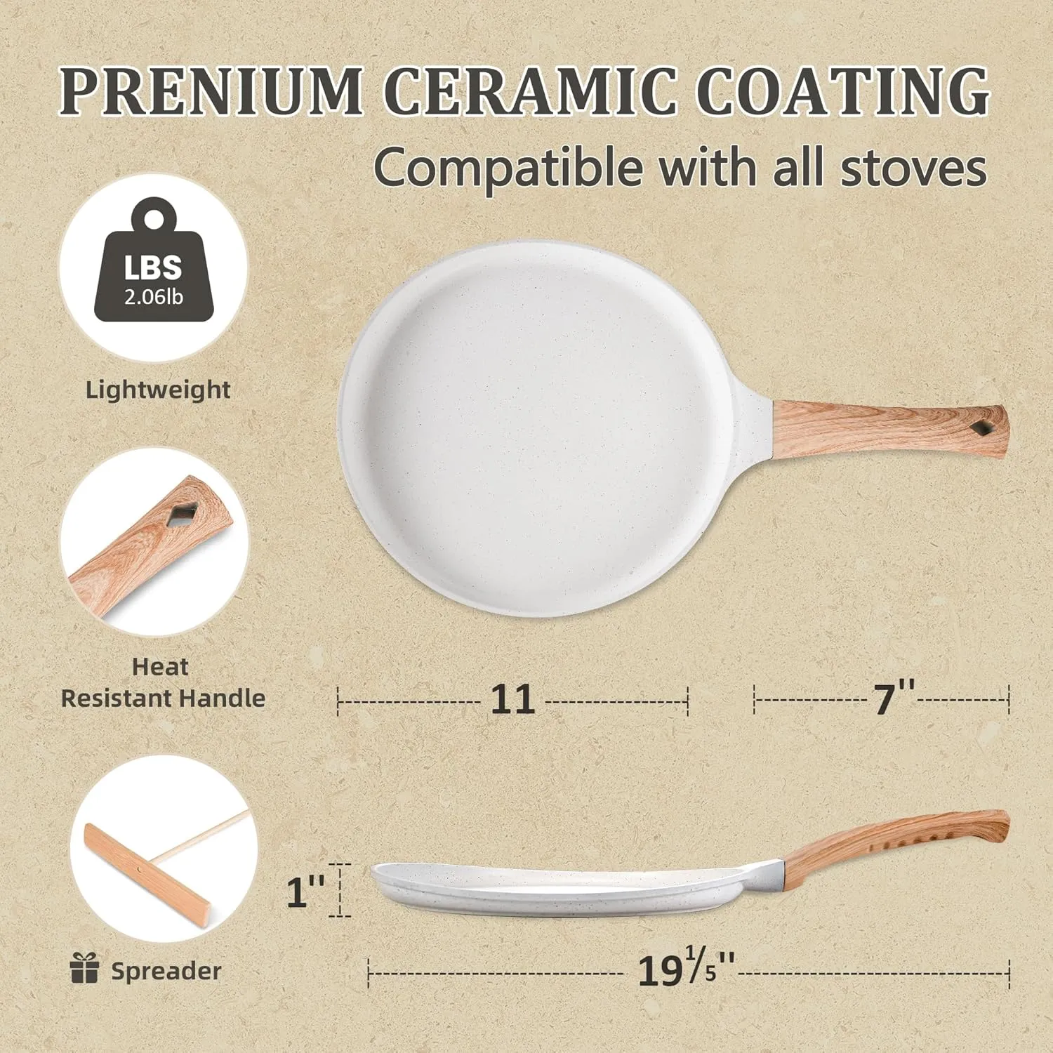 AOSION Crepe Pan11 inch Nonstick Dosa Tawa Pan,Ceramic Crepe Pan,Tortilla Pan for Pancake Omelette Steak Frying Egg with Ergonmic Handle,For All Stoves