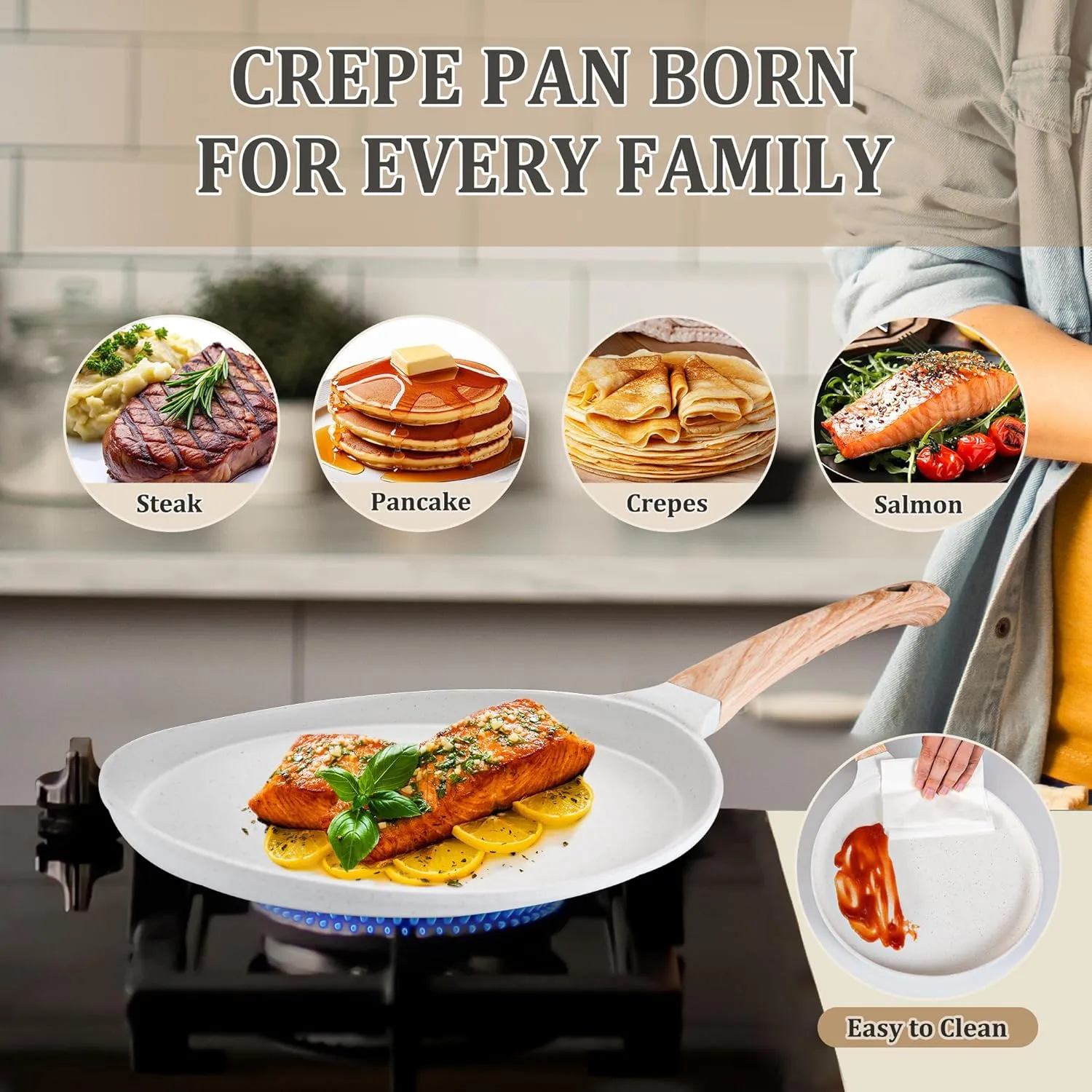 AOSION Crepe Pan11 inch Nonstick Dosa Tawa Pan,Ceramic Crepe Pan,Tortilla Pan for Pancake Omelette Steak Frying Egg with Ergonmic Handle,For All Stoves