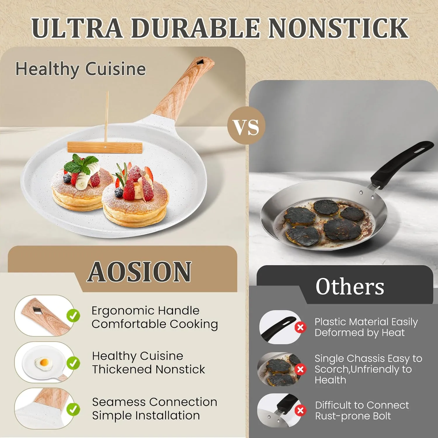 AOSION Crepe Pan11 inch Nonstick Dosa Tawa Pan,Ceramic Crepe Pan,Tortilla Pan for Pancake Omelette Steak Frying Egg with Ergonmic Handle,For All Stoves