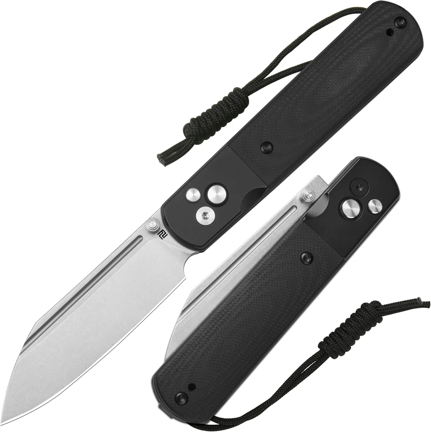 ARTISANCUTLERY Holm Folding Knife, Pocket Knife with 3.10'' AR-RPM9 Steel, Handle with Black PVD Steel and G10 Inlay, Button Lock with Safety Switch Knife for Camping Outdoor, 1875P Black Stone Washed