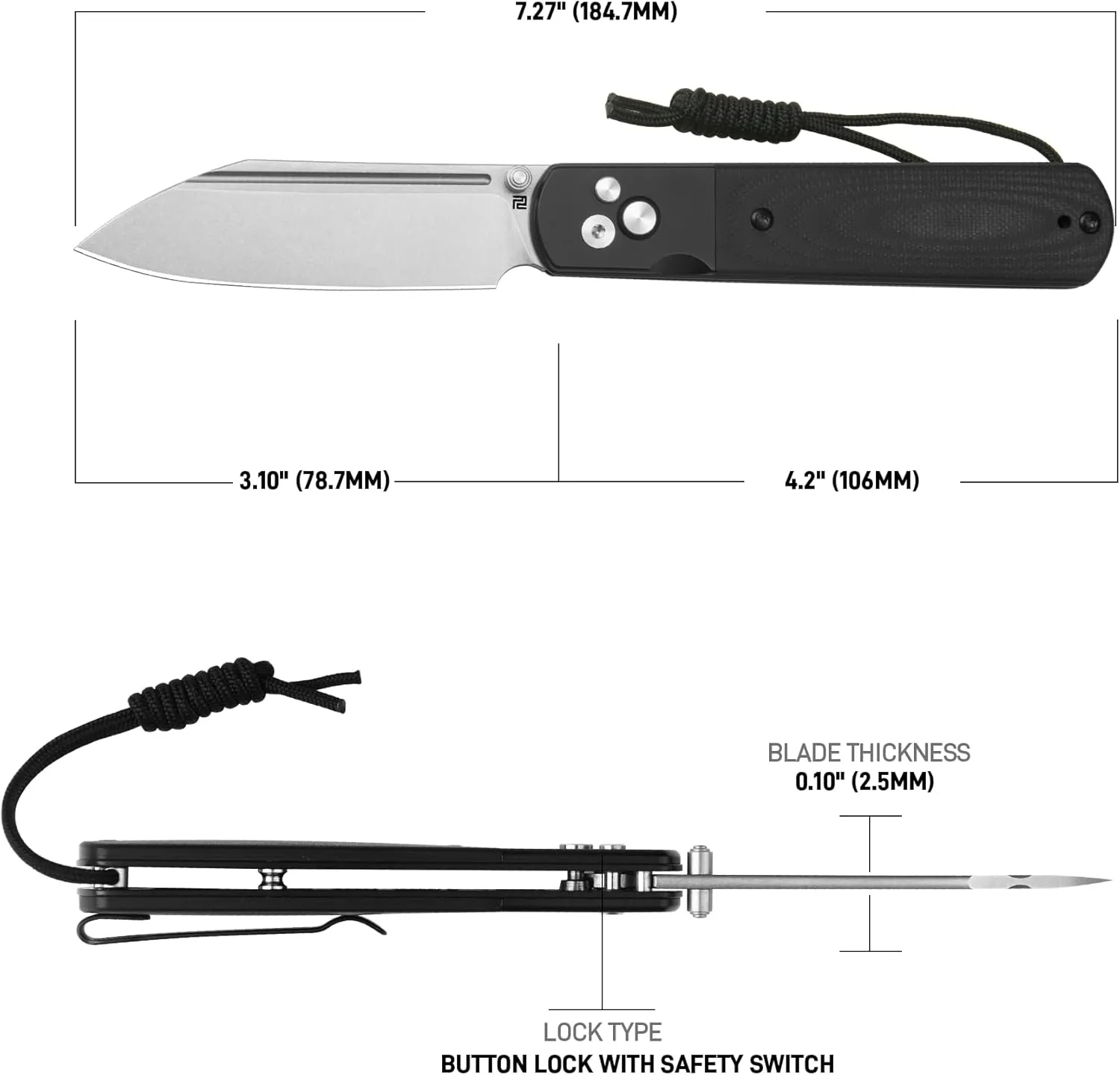 ARTISANCUTLERY Holm Folding Knife, Pocket Knife with 3.10'' AR-RPM9 Steel, Handle with Black PVD Steel and G10 Inlay, Button Lock with Safety Switch Knife for Camping Outdoor, 1875P Black Stone Washed