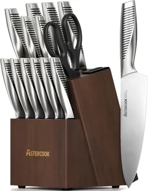 Astercook Knife Set, 15 Pieces Full Tang Kitchen Knife Sets with Block and Built-in Sharpener, German Stainless Steel Knives Block Sets Dishwasher Safe