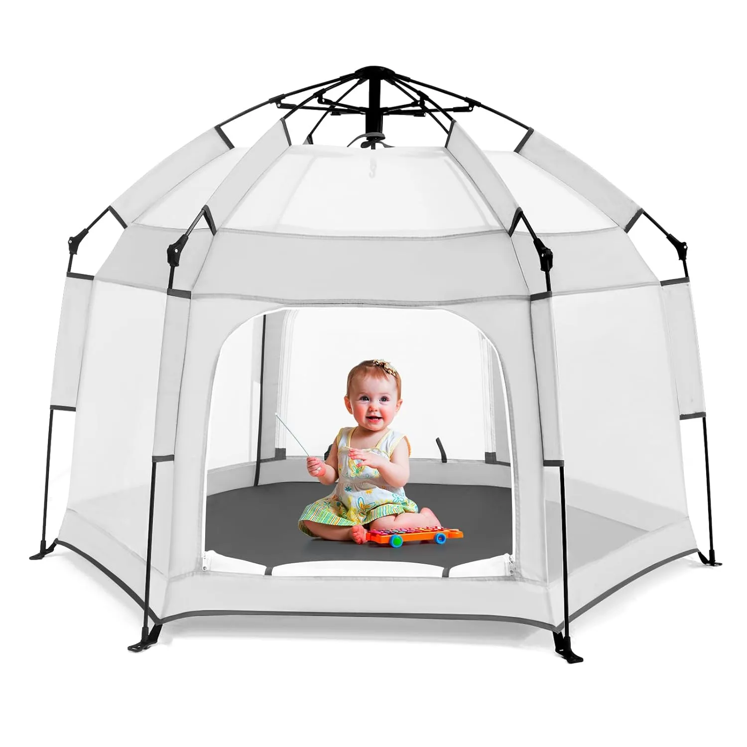 Baby Playpen with Canopy, Portable Baby Beach Tent, Toddler Play Yard Indoor and Outdoor, Foldable Mosquito Net for Infant - Light Grey