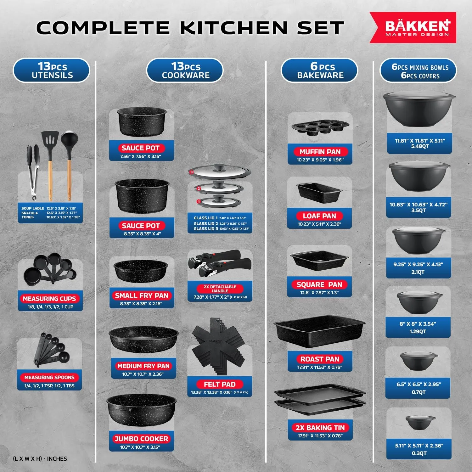 Bakken Master 38 Piece Granite Cookware & Bakeware Set – Nonstick Granite Coating, Pots and Pans with Detachable Handle and Tempered Glass Lids, 6-piece Bakeware set, 12-piece Mixing Bowls,Gray Marble