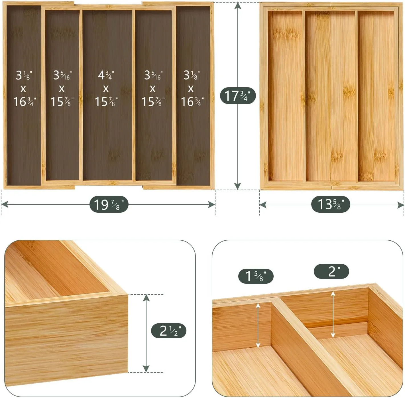 Bamboo Utensil Organizer Cutlery Organizer - Expandable 5 Slots Multipurpose Kitchen Drawer Organizer for Large Cooking Utensils, Baking Tools, Knife Set W13.7"-19.9" x L17.6" X H2.5"(Yellow)