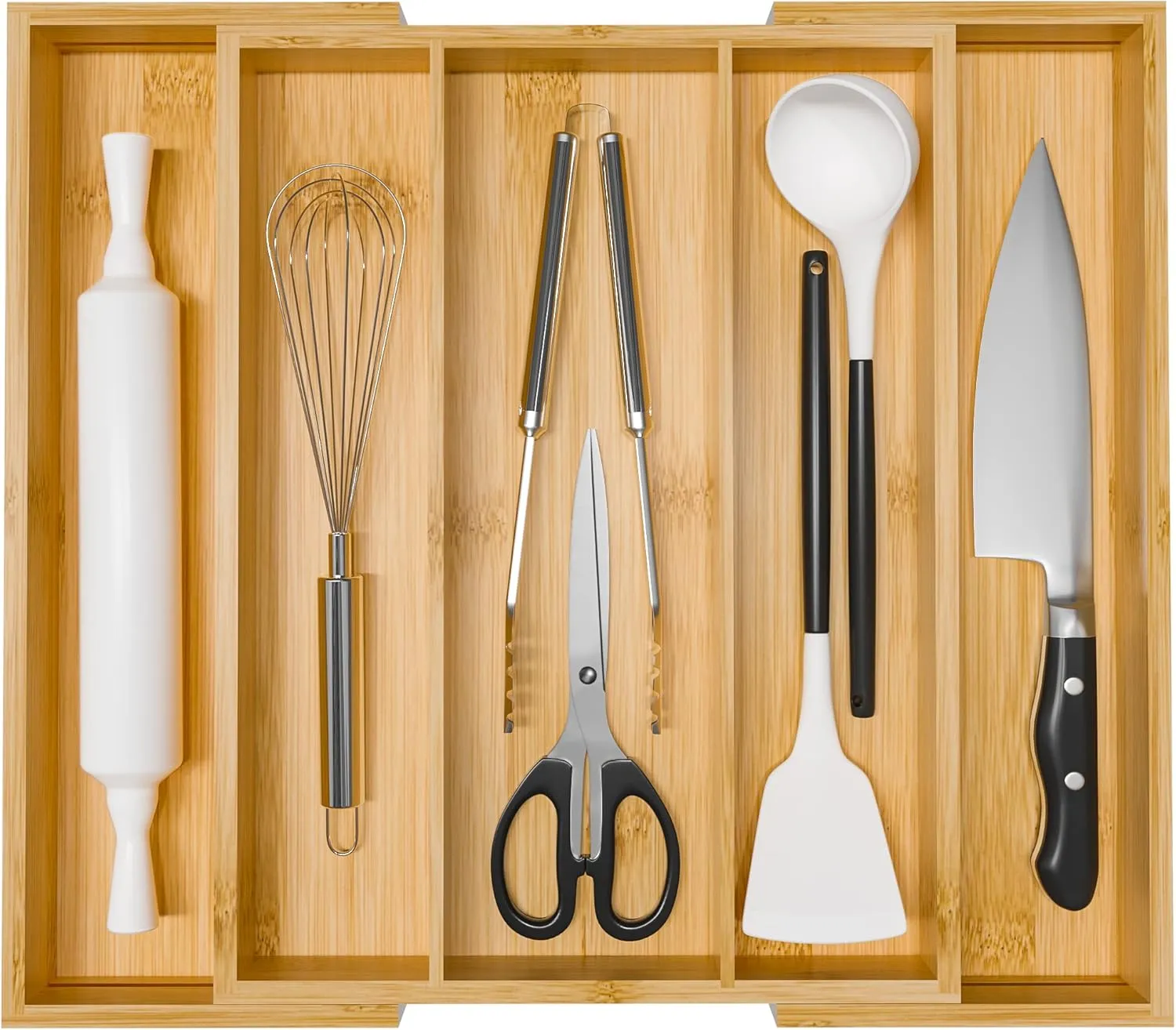 Bamboo Utensil Organizer Cutlery Organizer - Expandable 5 Slots Multipurpose Kitchen Drawer Organizer for Large Cooking Utensils, Baking Tools, Knife Set W13.7"-19.9" x L17.6" X H2.5"(Yellow)