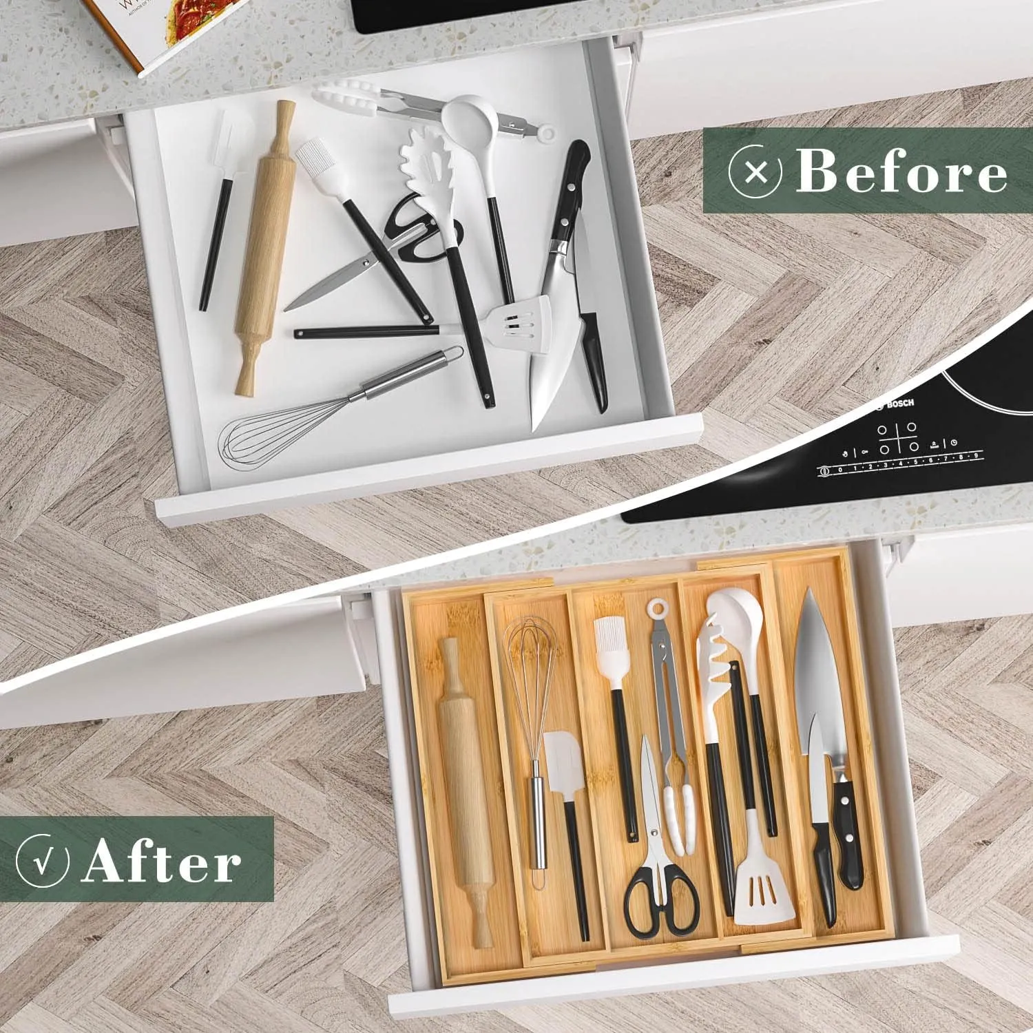 Bamboo Utensil Organizer Cutlery Organizer - Expandable 5 Slots Multipurpose Kitchen Drawer Organizer for Large Cooking Utensils, Baking Tools, Knife Set W13.7"-19.9" x L17.6" X H2.5"(Yellow)