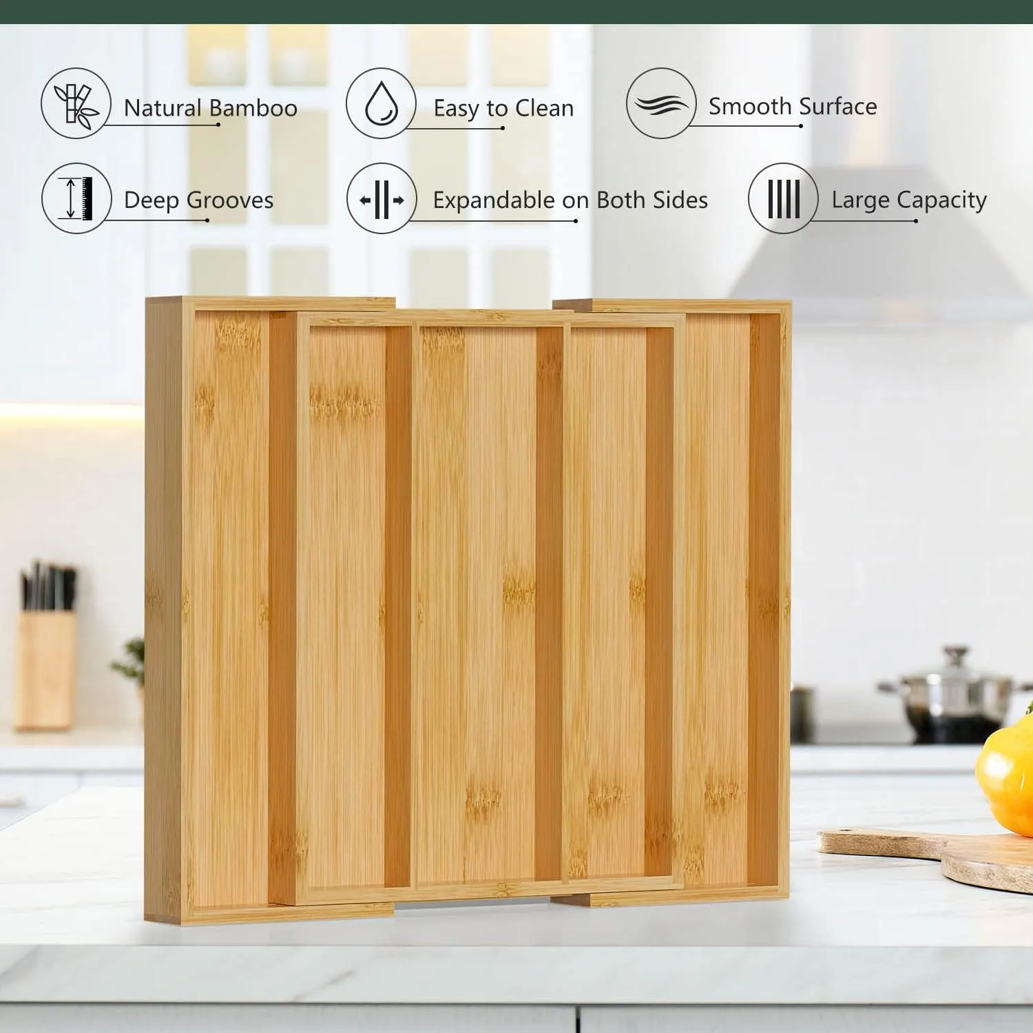 Bamboo Utensil Organizer Cutlery Organizer - Expandable 5 Slots Multipurpose Kitchen Drawer Organizer for Large Cooking Utensils, Baking Tools, Knife Set W13.7"-19.9" x L17.6" X H2.5"(Yellow)