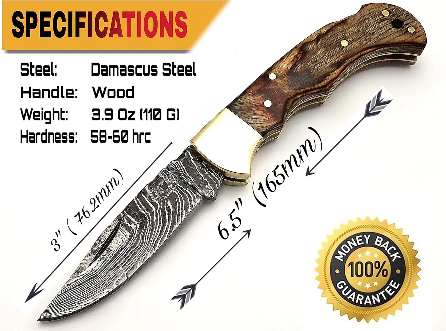 BCK Pocket Knife 4 Pcs Set 6.5" Handmade Damascus Folding Knife Back lock knife Damascus Hunting Knife with Sheath Damascus Pocket Knife for men 100% Prime Quality camping Knife (Brown Wood)