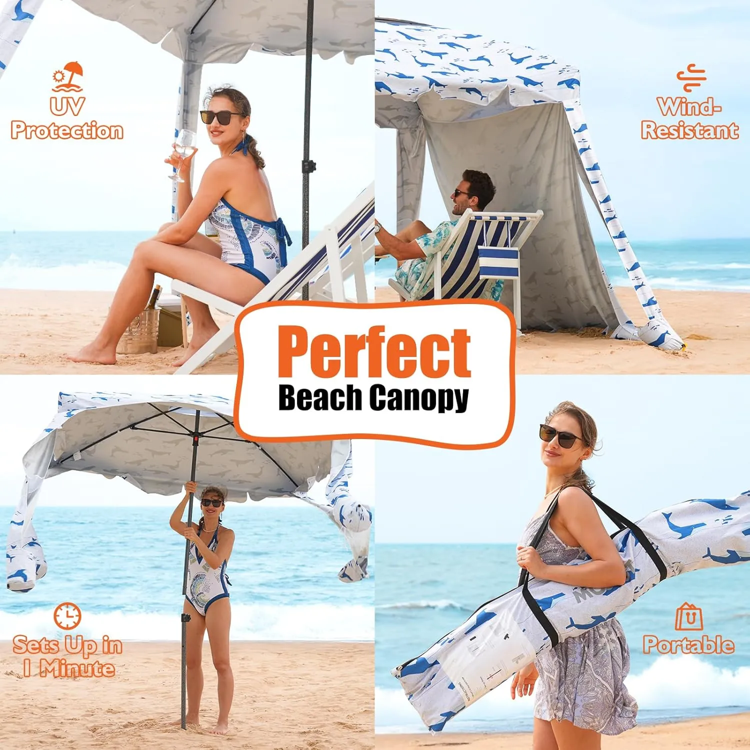 Beach Cabana - 6FT Beach Umbrella with UPF 100  UV Protection & Sunshade Curtain - Waterproof Tent - Portable Shade, Easy to Set Up, Perfect for Family & Friends (Blue Whale)