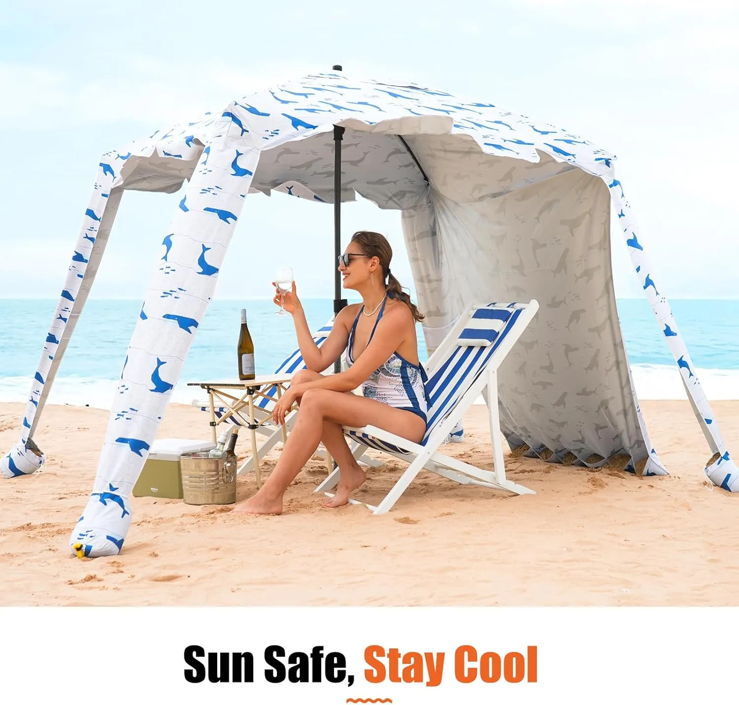 Beach Cabana - 6FT Beach Umbrella with UPF 100  UV Protection & Sunshade Curtain - Waterproof Tent - Portable Shade, Easy to Set Up, Perfect for Family & Friends (Blue Whale)