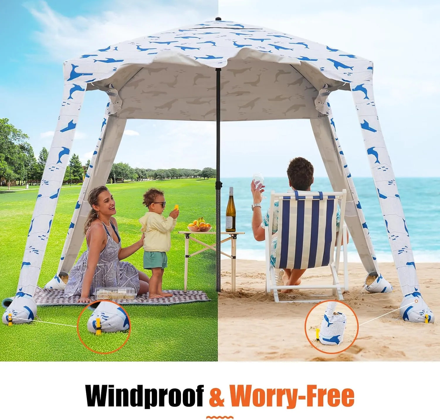 Beach Cabana - 6FT Beach Umbrella with UPF 100  UV Protection & Sunshade Curtain - Waterproof Tent - Portable Shade, Easy to Set Up, Perfect for Family & Friends (Blue Whale)