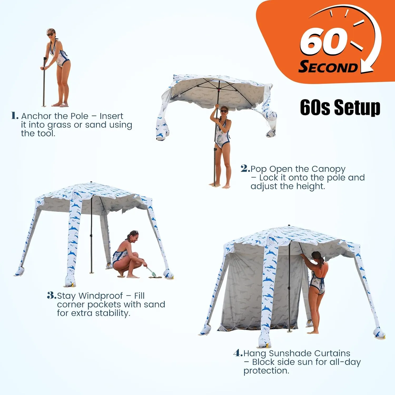 Beach Cabana - 6FT Beach Umbrella with UPF 100  UV Protection & Sunshade Curtain - Waterproof Tent - Portable Shade, Easy to Set Up, Perfect for Family & Friends (Blue Whale)