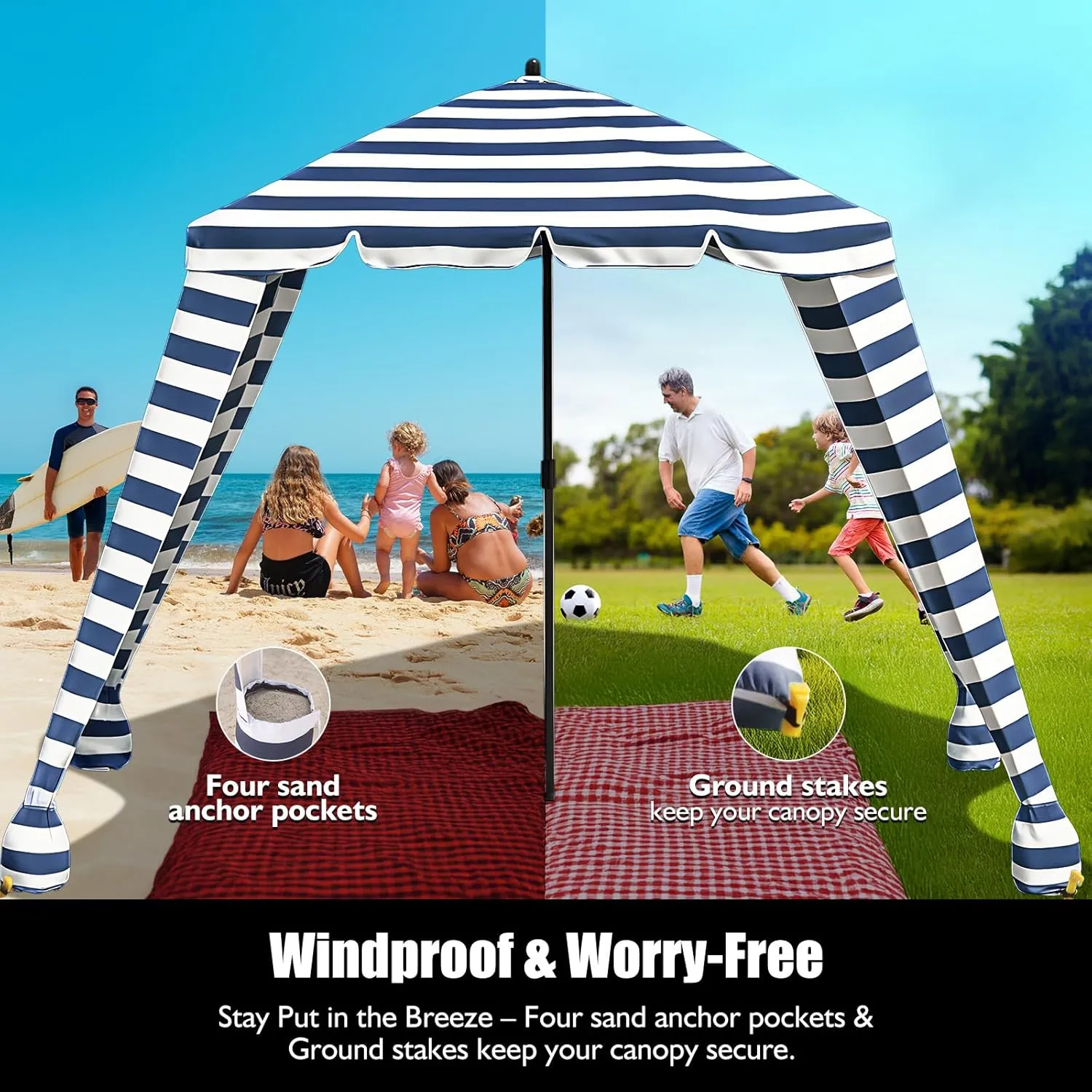 Beach Cabana - UPF 100  UV Protection Beach Tent, Easy to Set Up 6' x 6' Canopy with Attachable Wall, Waterproof Fabric, Portable Shelter for Family & Friends (Navy Blue)