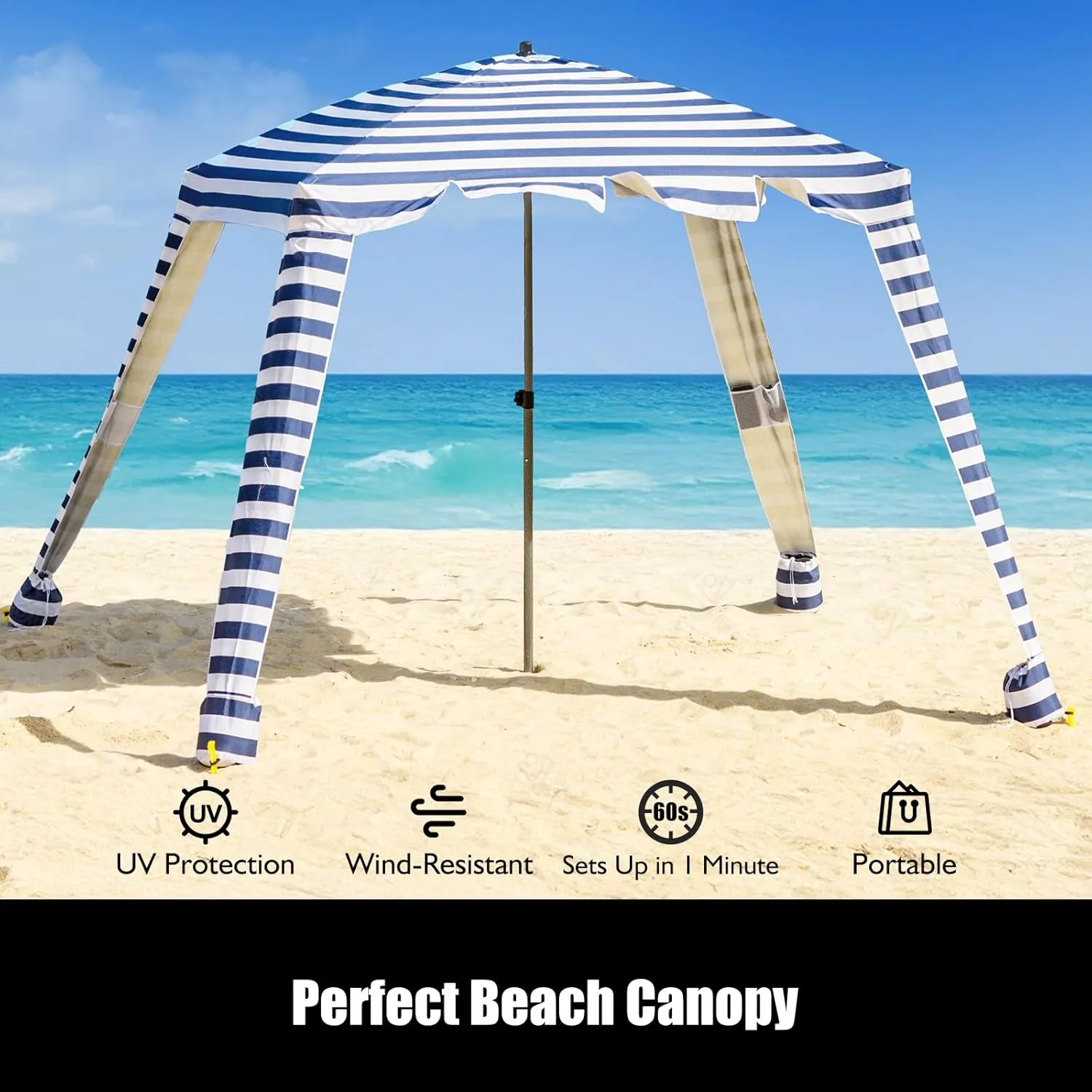 Beach Cabana - UPF 100  UV Protection Beach Tent, Easy to Set Up 6' x 6' Canopy with Attachable Wall, Waterproof Fabric, Portable Shelter for Family & Friends (Navy Blue)