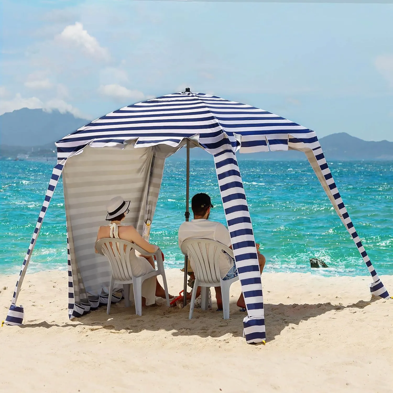 Beach Cabana - UPF 100  UV Protection Beach Tent, Easy to Set Up 6' x 6' Canopy with Attachable Wall, Waterproof Fabric, Portable Shelter for Family & Friends (Navy Blue)