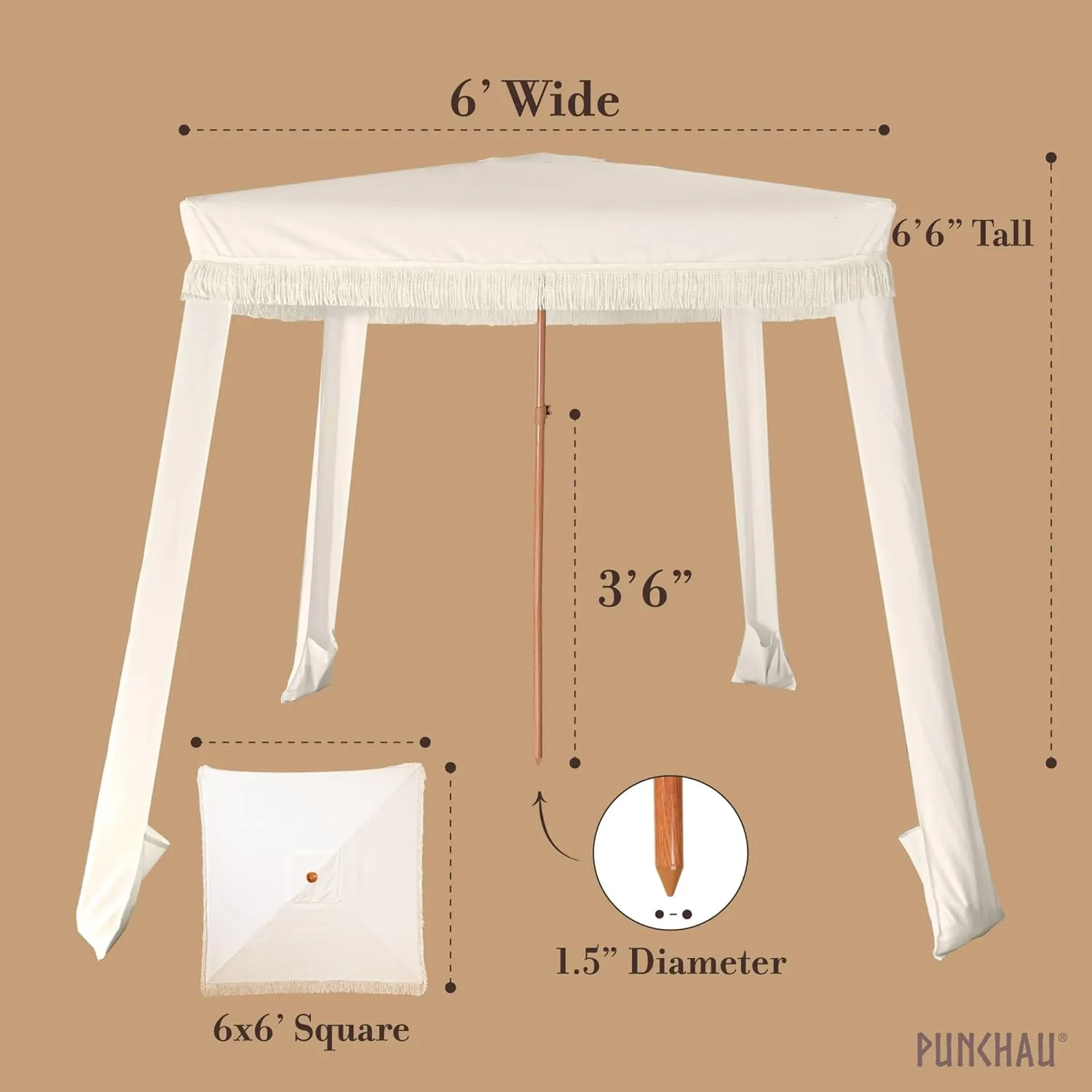 Beach Cabana with Fringe - 6x6 Ft. Boho Beach Canopy Umbrella Tent, Portable Umbrellas for Sand with Carry Bag & Sandbag Pockets, Instant Sun Shade Canopy Tent for Beaches & Backyards